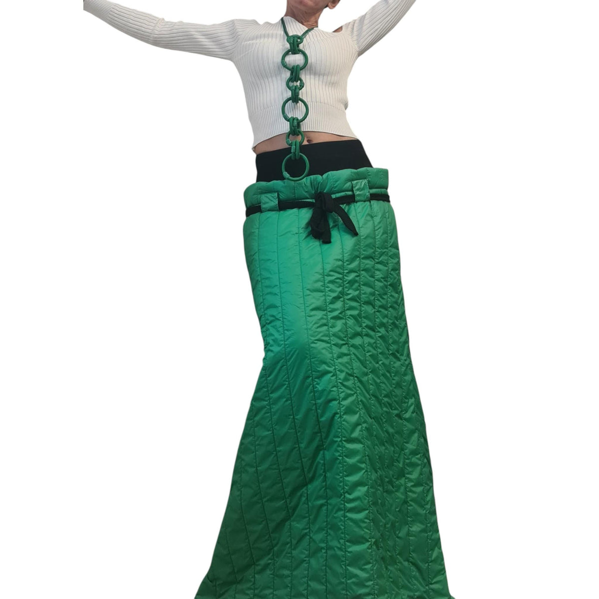 Green Quilted Maxi Skirt | Winter Puffer Design with Side Zippers | Avant-Garde Insulated Piece