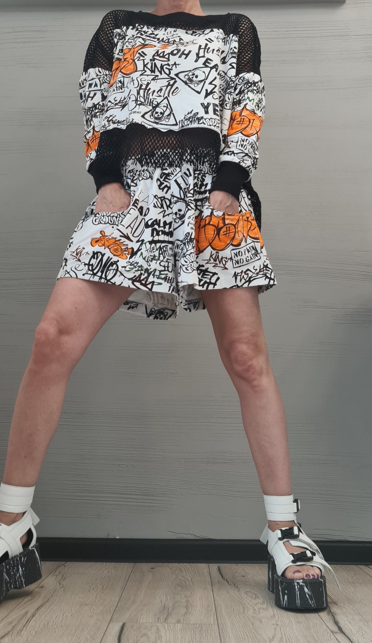 Graffiti Print Cotton Shorts, Oversized Asymmetrical Blouse, Mesh Layer, Orange Accents, Two-Piece Co-Ord Set