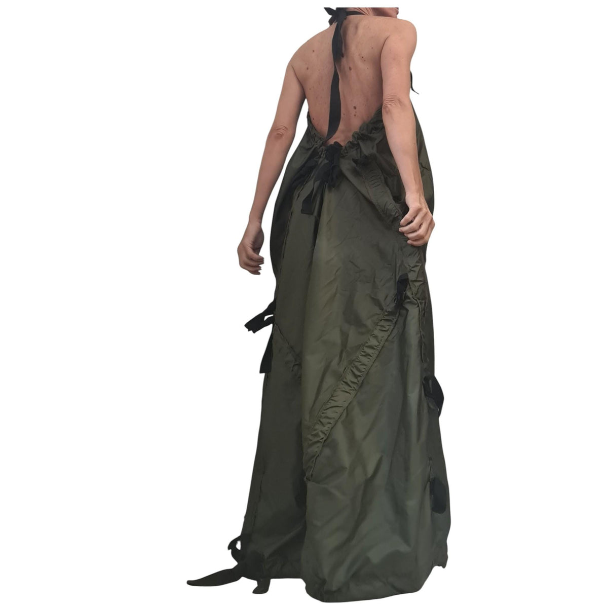 Military green Maxi Dress, Bare back, Sleeveless Extravagant Dress