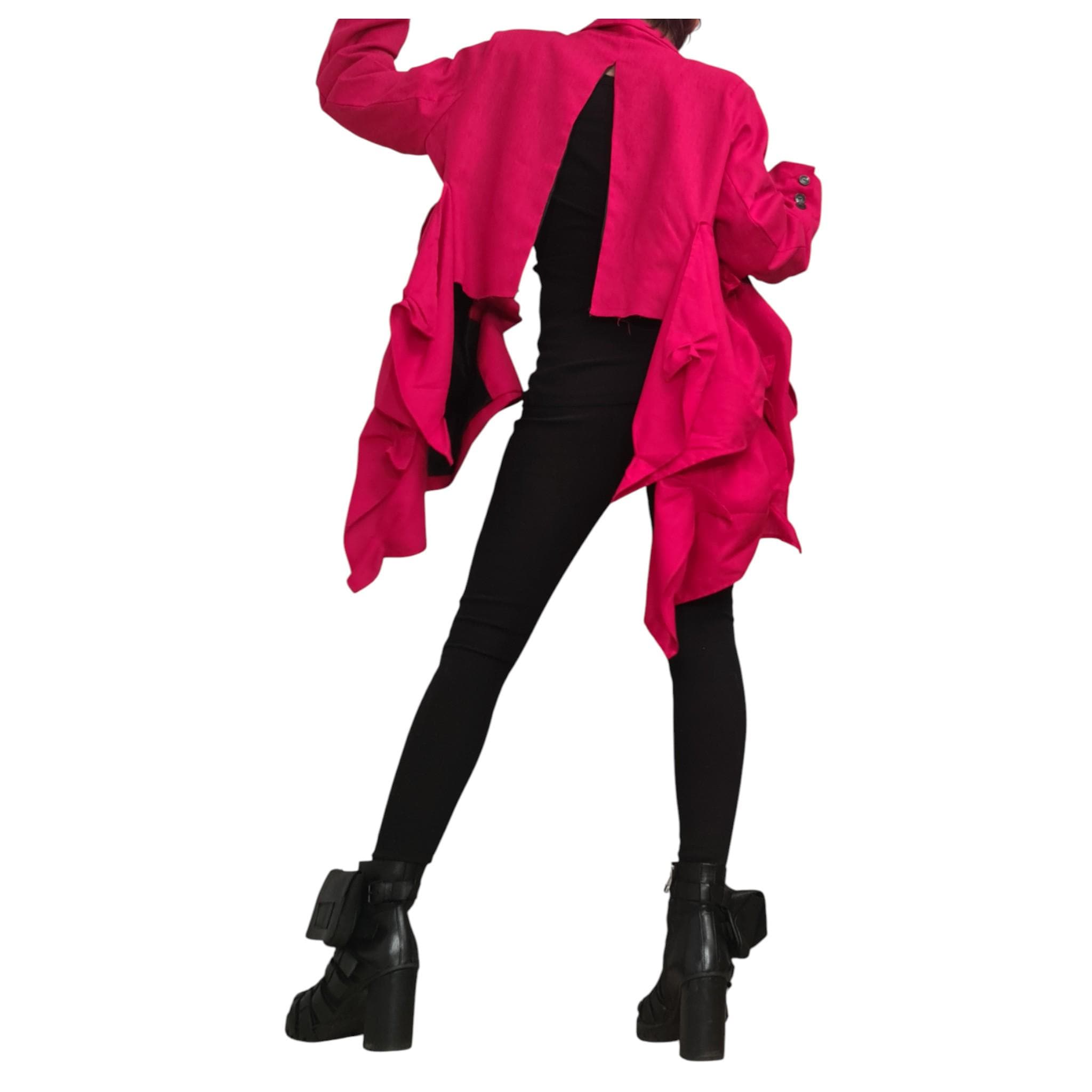 Red Linen Asymmetric Jacket, Open Back Short, Long Front Ruched Design, Avant Garde Blazer