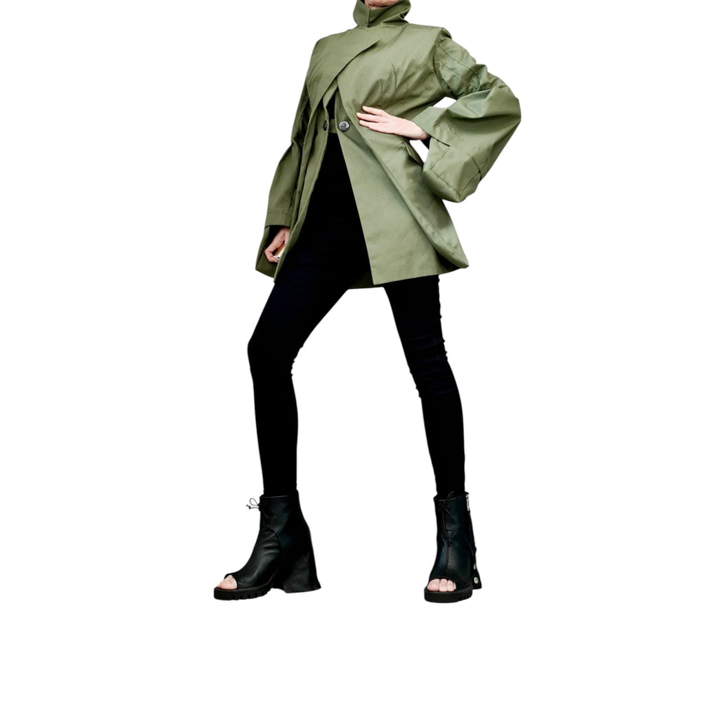Olive Green Cotton Asymmetric Blazer, Fitted Long Jacket, Flared Sleeve Coat