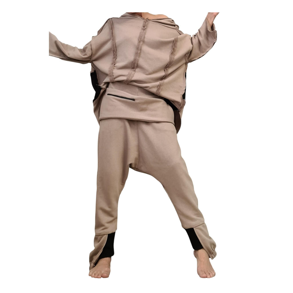 Beige Cotton Drop Crotch Harem Pants, Oversized Long Sleeve Hooded Top, Travel Co-Ord Set