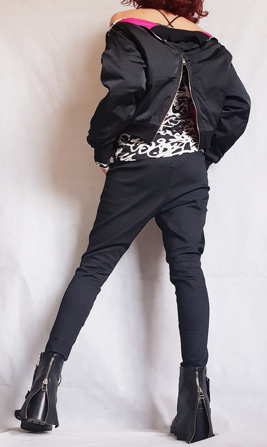 Black and Pink Cropped Winter Bomber Jacket, Oversized Fold Over Collar, Back Zip Detail
