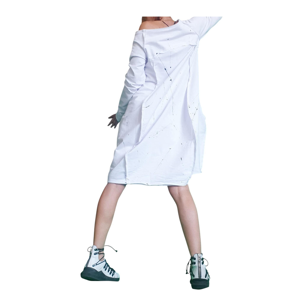 White F Oversized Sweatshirt Dress, Asymmetric High Low Cut