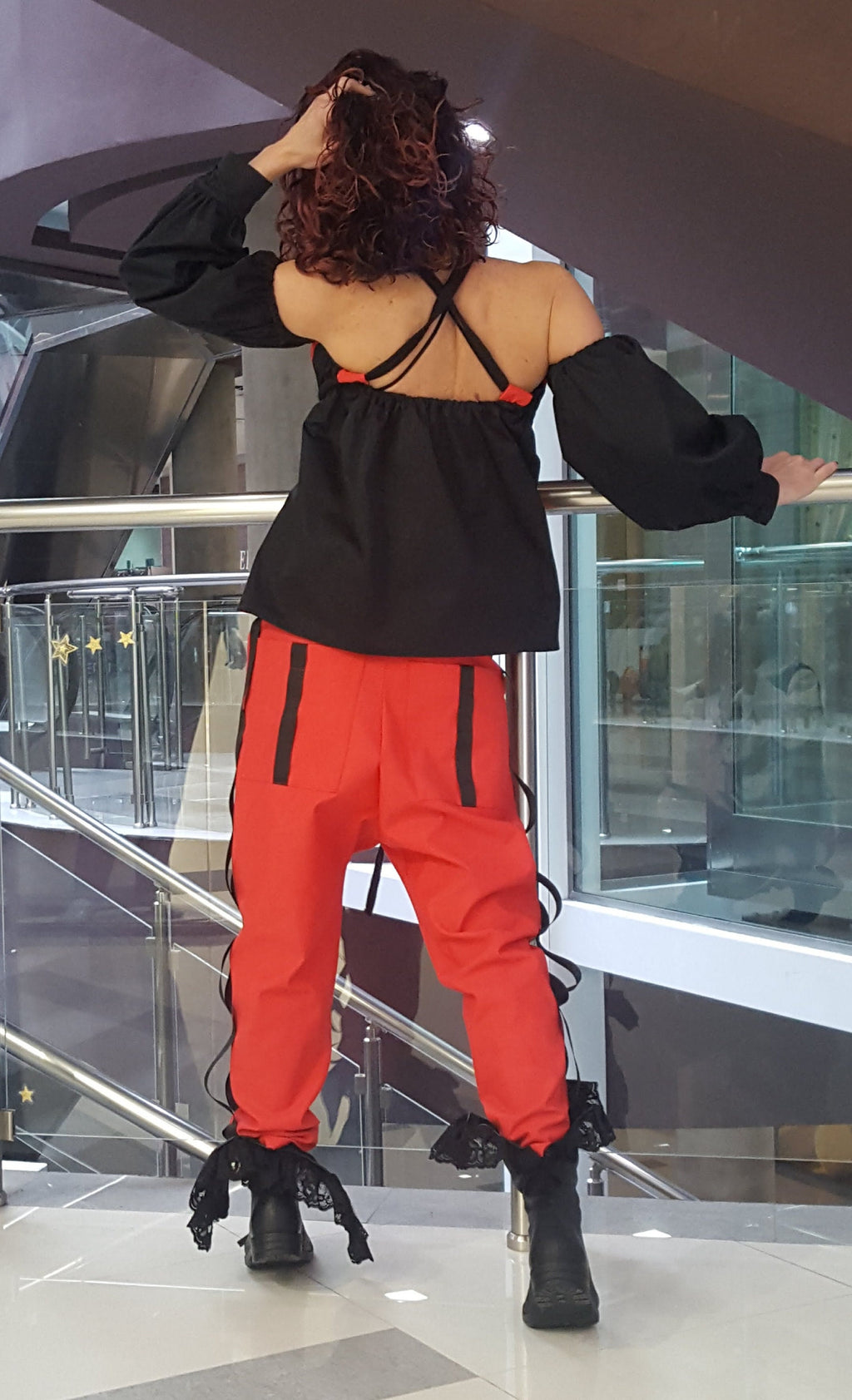 Red Cotton Co-Ord Set, Drop Crotch Pants, Black Cold Shoulder Batwing Blouse