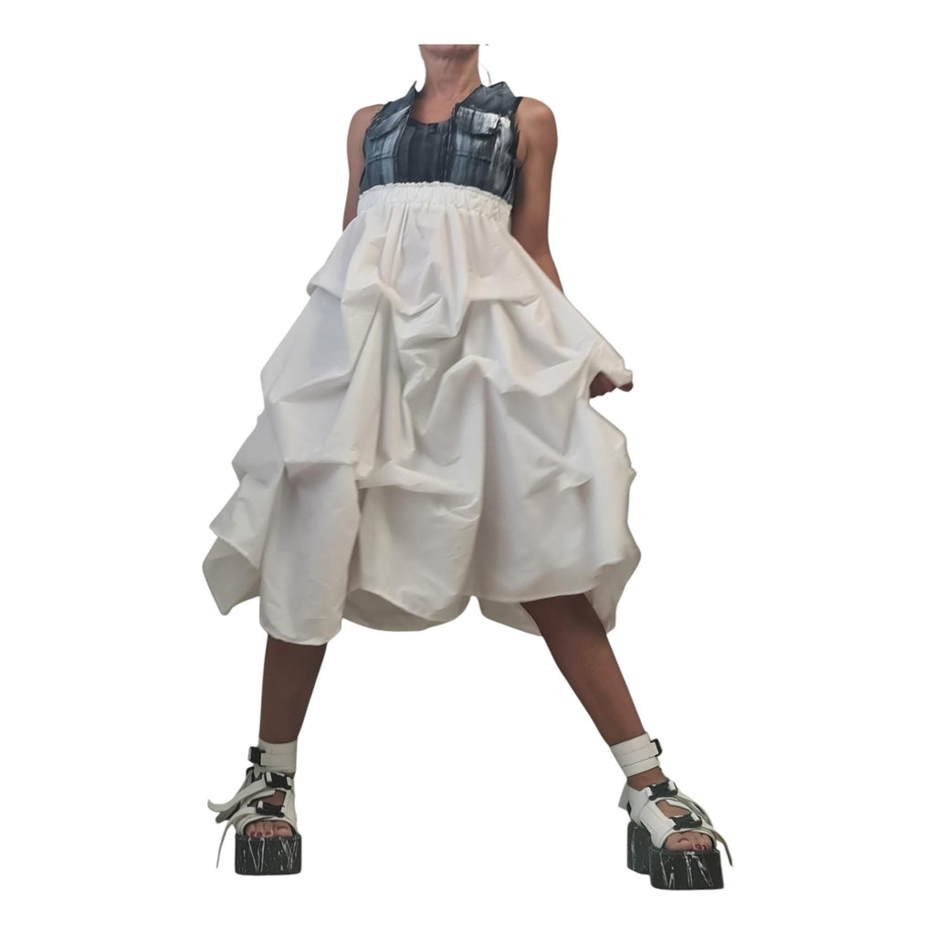 Open Back Maxi Dress, Denim Top White Bottom Dress, Avant Garde Plus Size Clothing