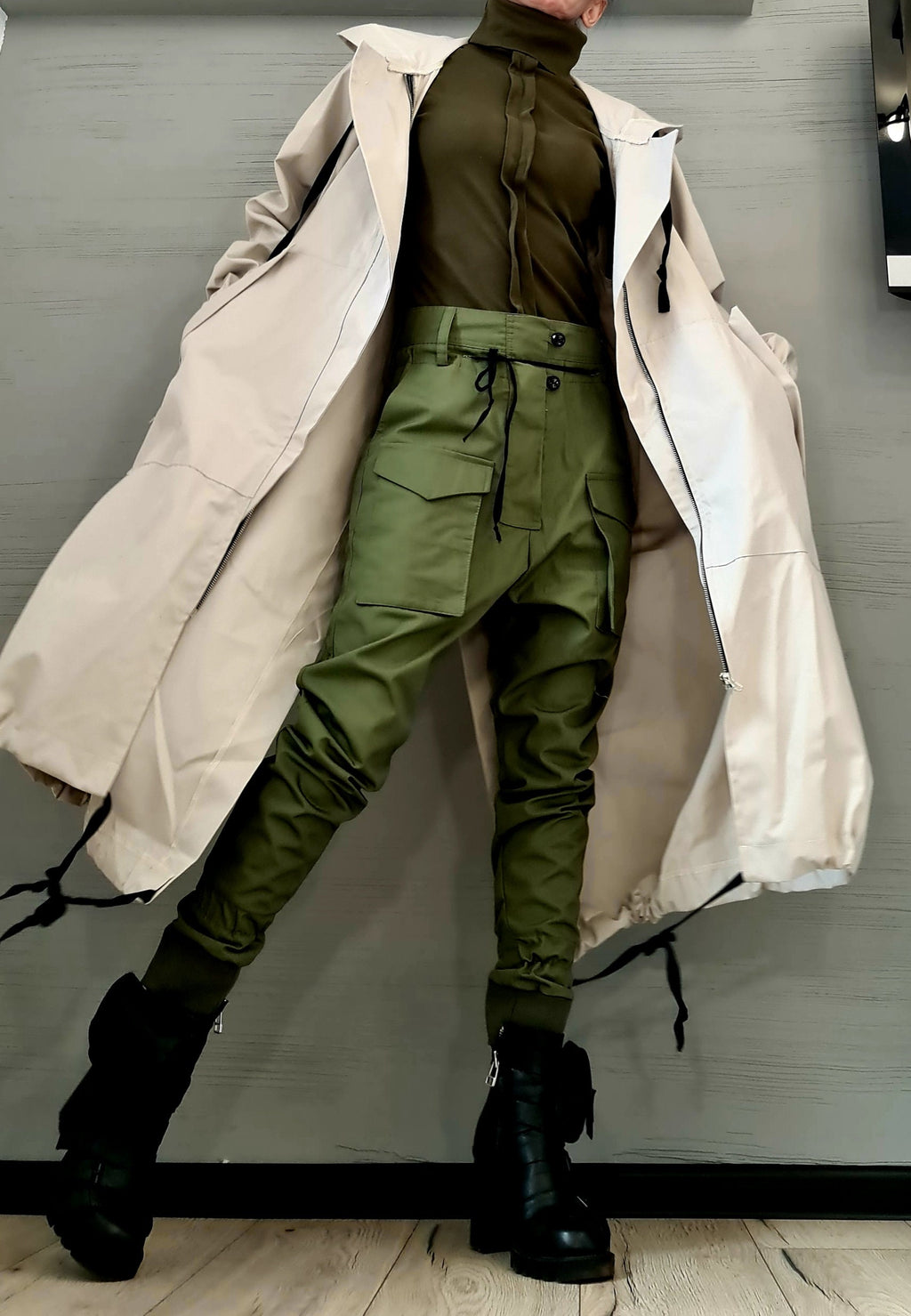 Light Beige Asymmetrical Hooded Trench Coat, Ripstop Jacket with Overlapping Open Back