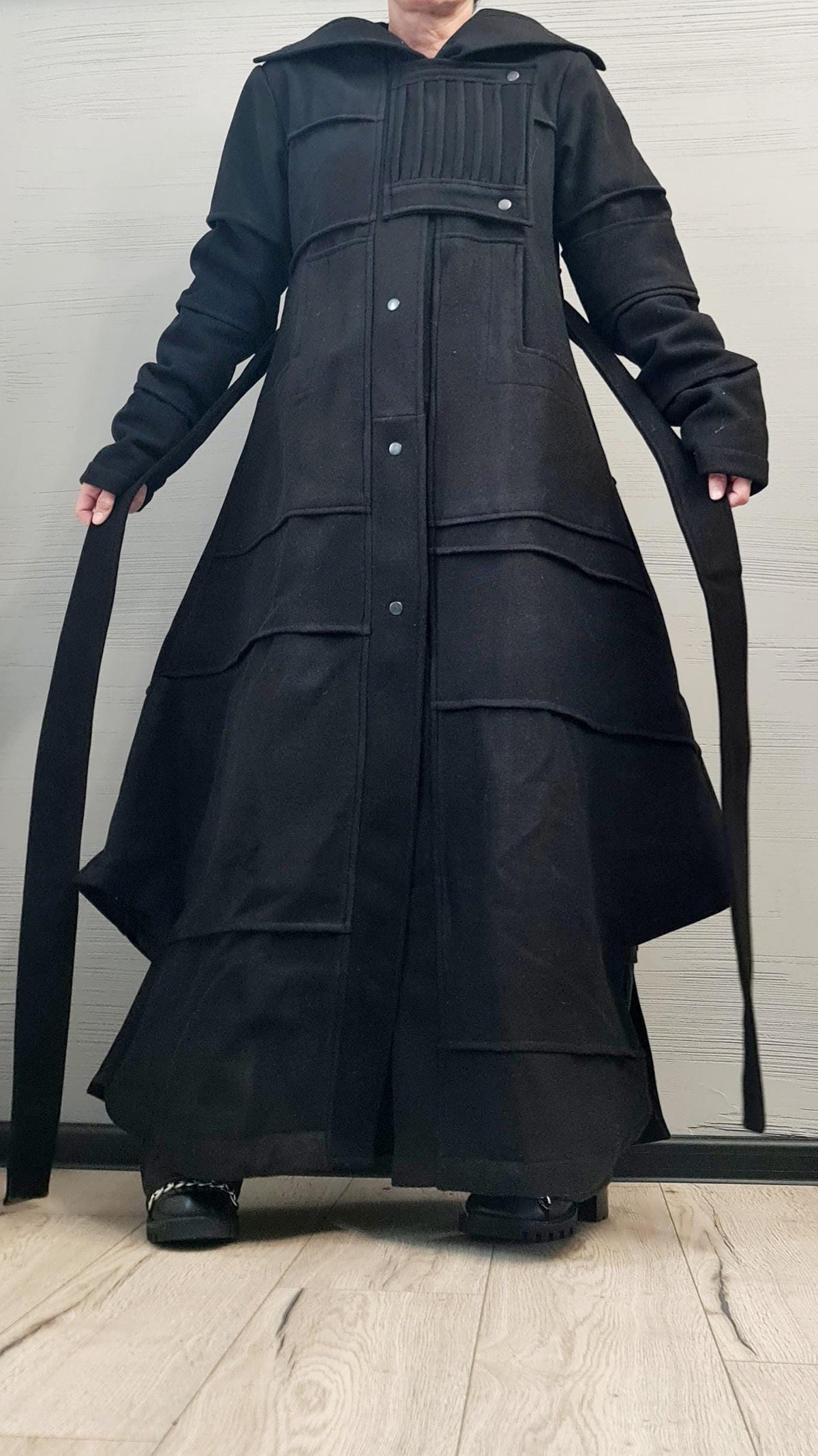 Black Hooded Asymmetric Coat, Oversized Long Winter Jacket, Wrap Belt Closure