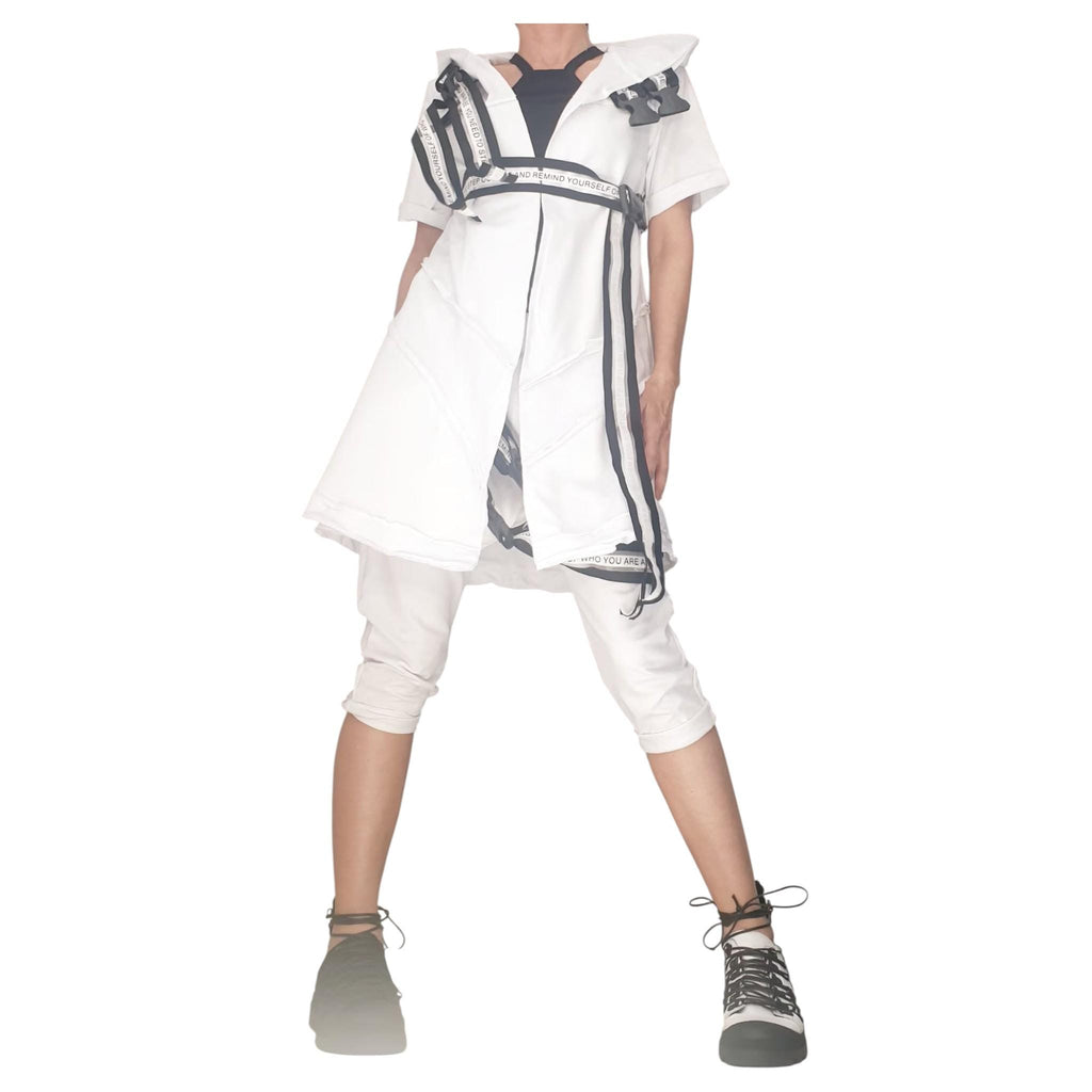 White Cotton Cropped Harem Pants, Asymmetrical Hooded Long Vest, Contrast Straps, Two-Piece Co-Ord Set