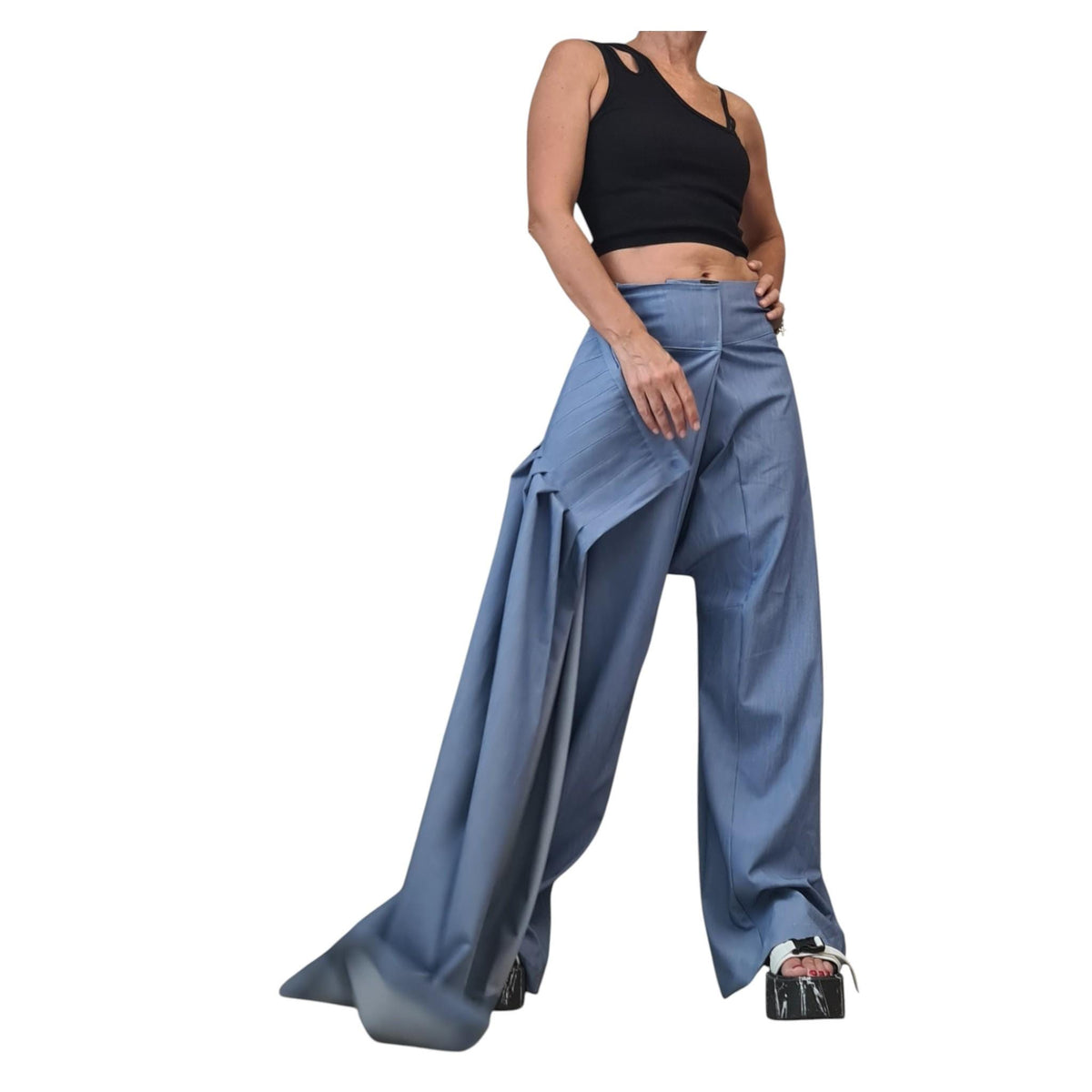 Light Blue Denim Harem Trousers, Wide Leg Pants, Pleated Front Panel, Convertible Skirt Design