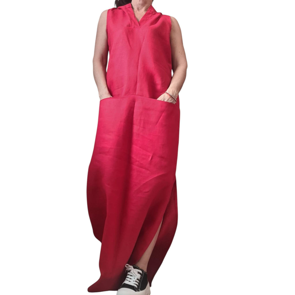 Red Linen Hooded Maxi Dress Women, Sleeveless Long Kaftan, Boho Summer Sundress