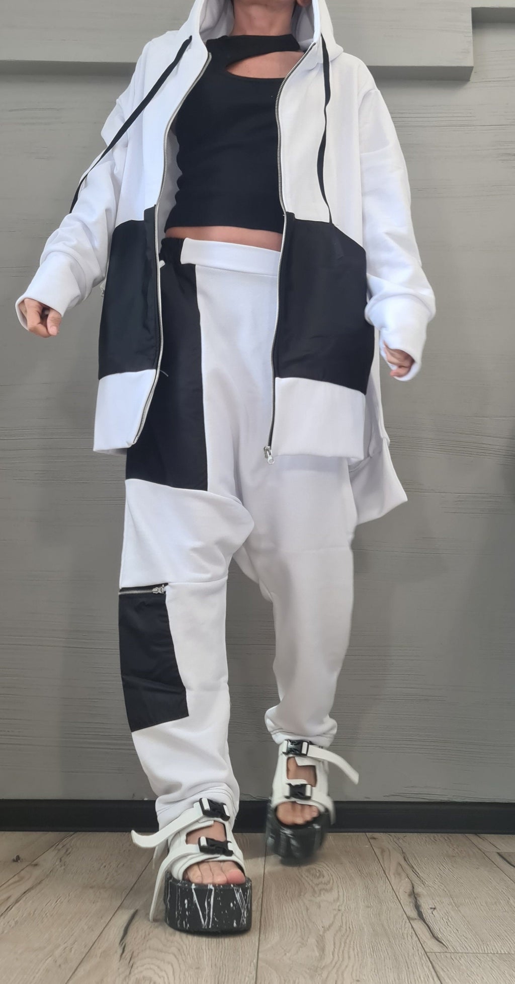 White Black Patchwork Harem Pants, Oversized Long Hooded Jacket, Contrast Panels, Two-Piece Co-Ord Set