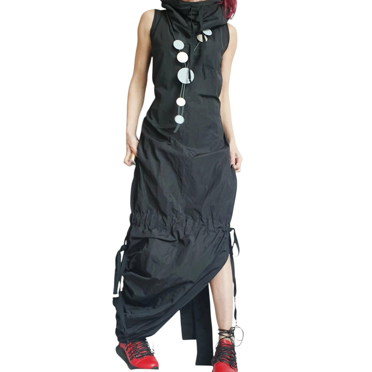 Black Asymmetric Taffeta Maxi Dress, Open Back, Gothic Fit