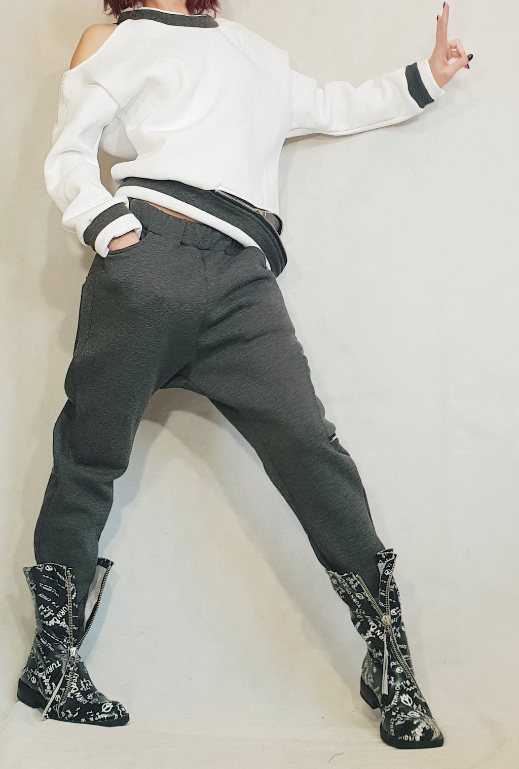 Grey Cotton Drop Crotch Pants, White Asymmetrical Cropped Sweatshirt, Contrast Trim, Two-Piece Co-Ord Set
