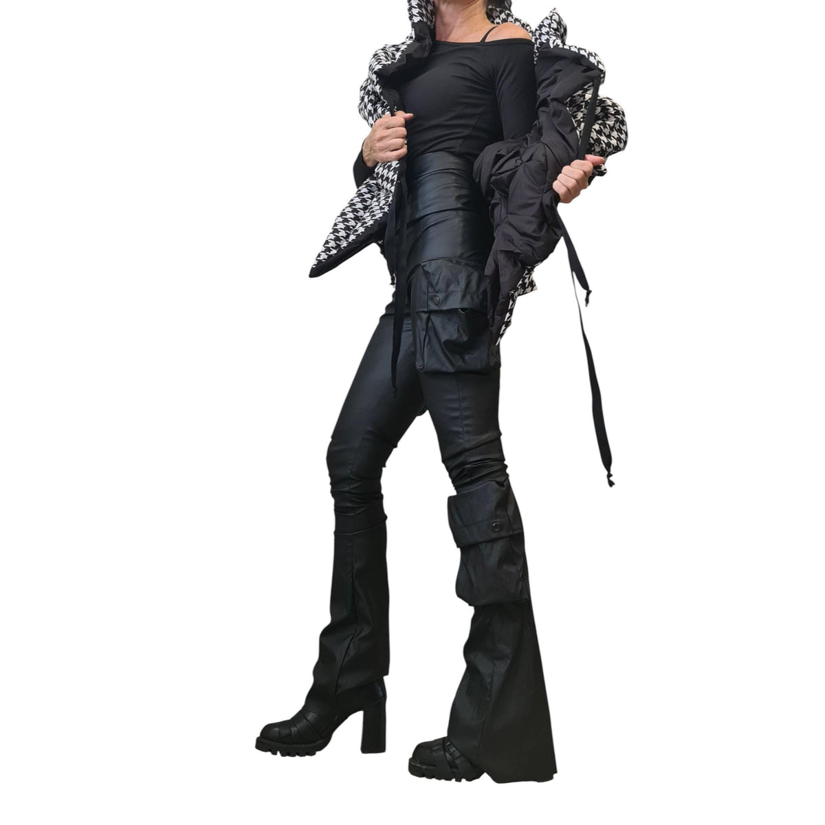 Black White Houndstooth Puffer Vest, Oversized Asymmetric Gilet, Quilted Sleeveless Winter Jacket