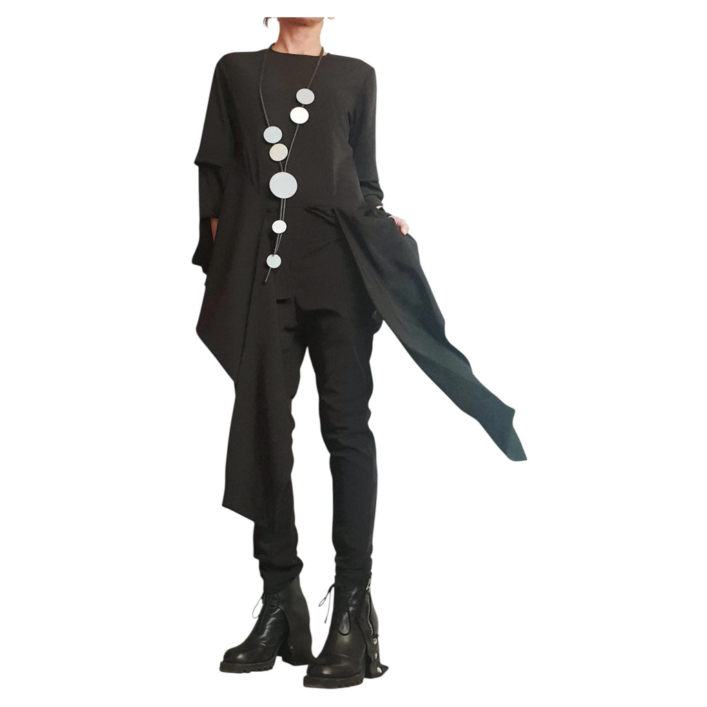Black Tapered Pants, Asymmetrical Long Tunic, Layered Sleeves, Draped Panels, Two-Piece Co-Ord Set