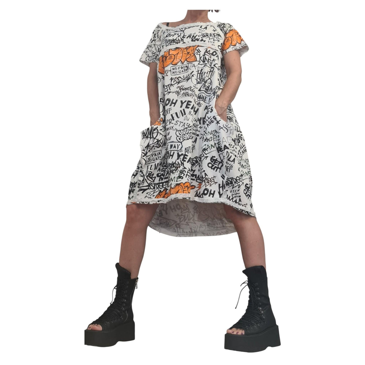 Cotton Tunic Dress with Graffiti Print, Asymmetric Knee Length