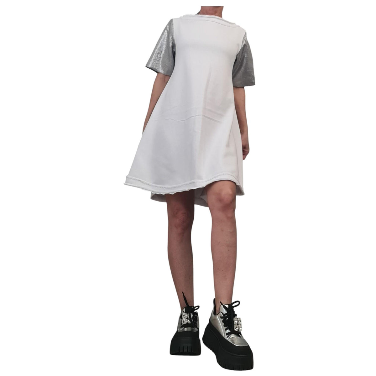 White Cotton Tunic Dress, Metallic Sleeves, Loose Fit, Plus Size Dress