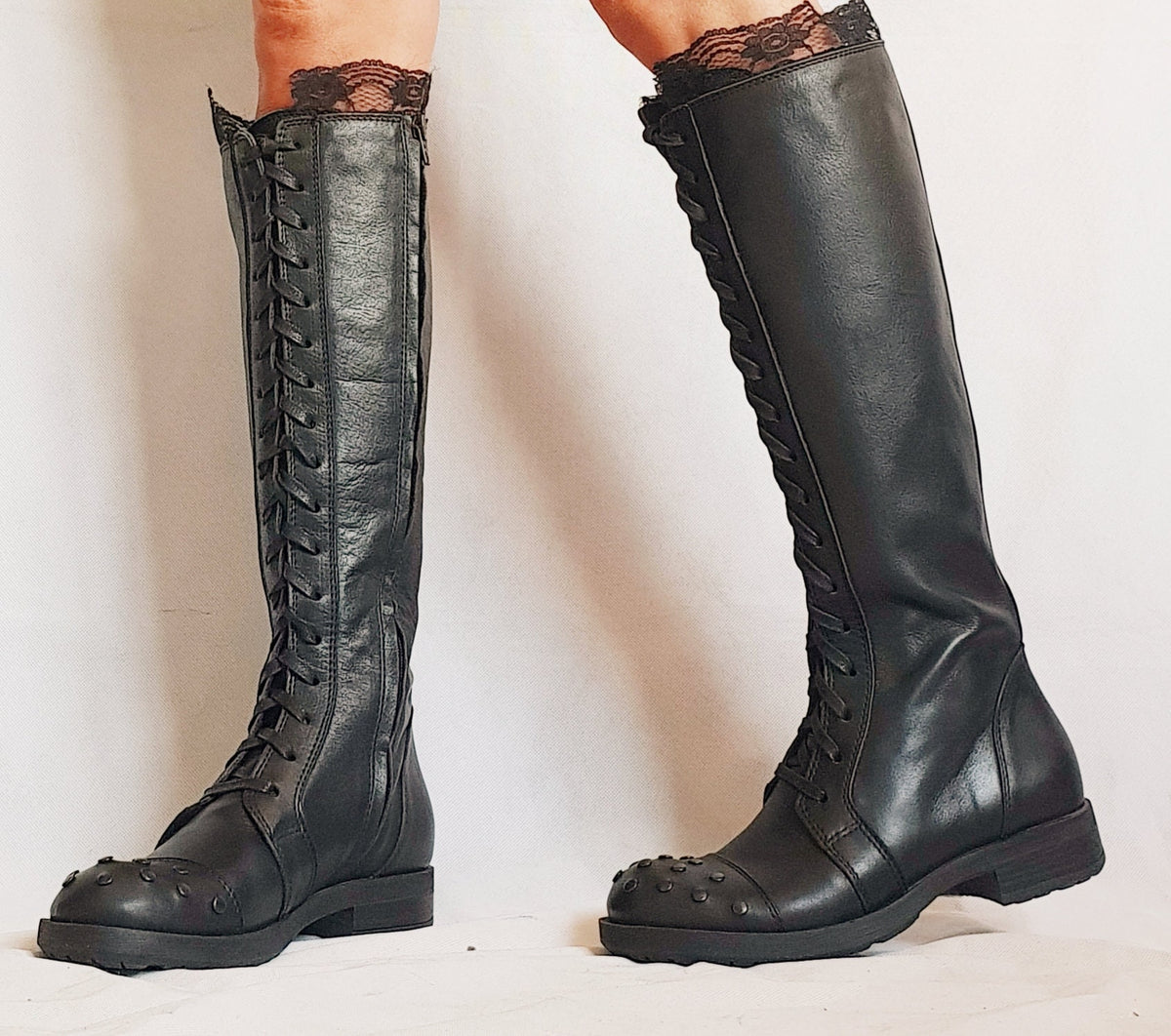 Black Leather Knee High Boots, Grunge Combat Boots, Gothic Winter Footwear
