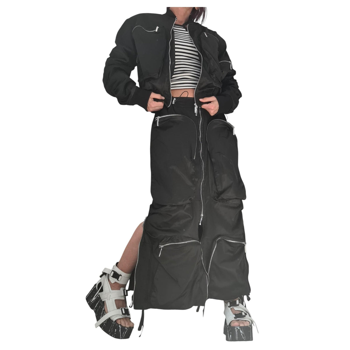 Black Cotton Sateen Cargo Maxi Skirt, Cropped Bomber Jacket, Zip Pockets, Two-Piece Co-Ord Set