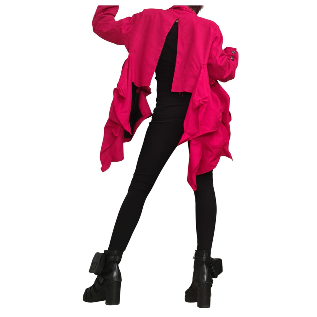 Red Linen Asymmetric Jacket, Open Back Short, Long Front Ruched Design, Avant Garde Blazer