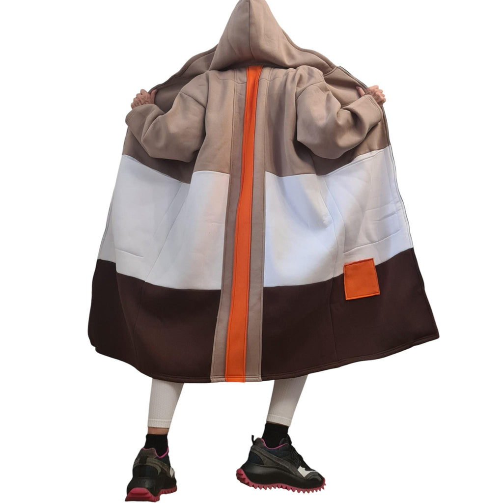 Beige Brown Color Block Hoodie, Oversized Long Sweatshirt Coat, Wide Jacket