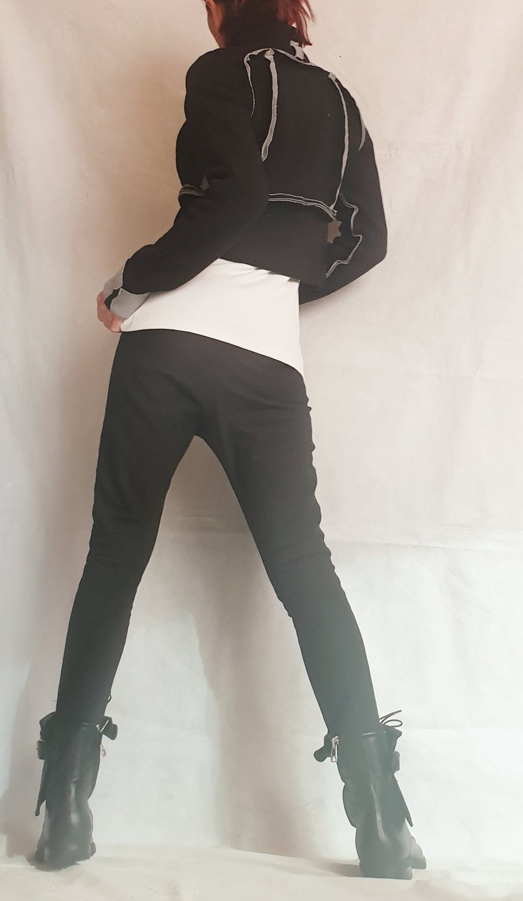 Black Cropped Wool Jacket, High Collar, Buckle Closures, Plus Size Coat, Contrast Seams