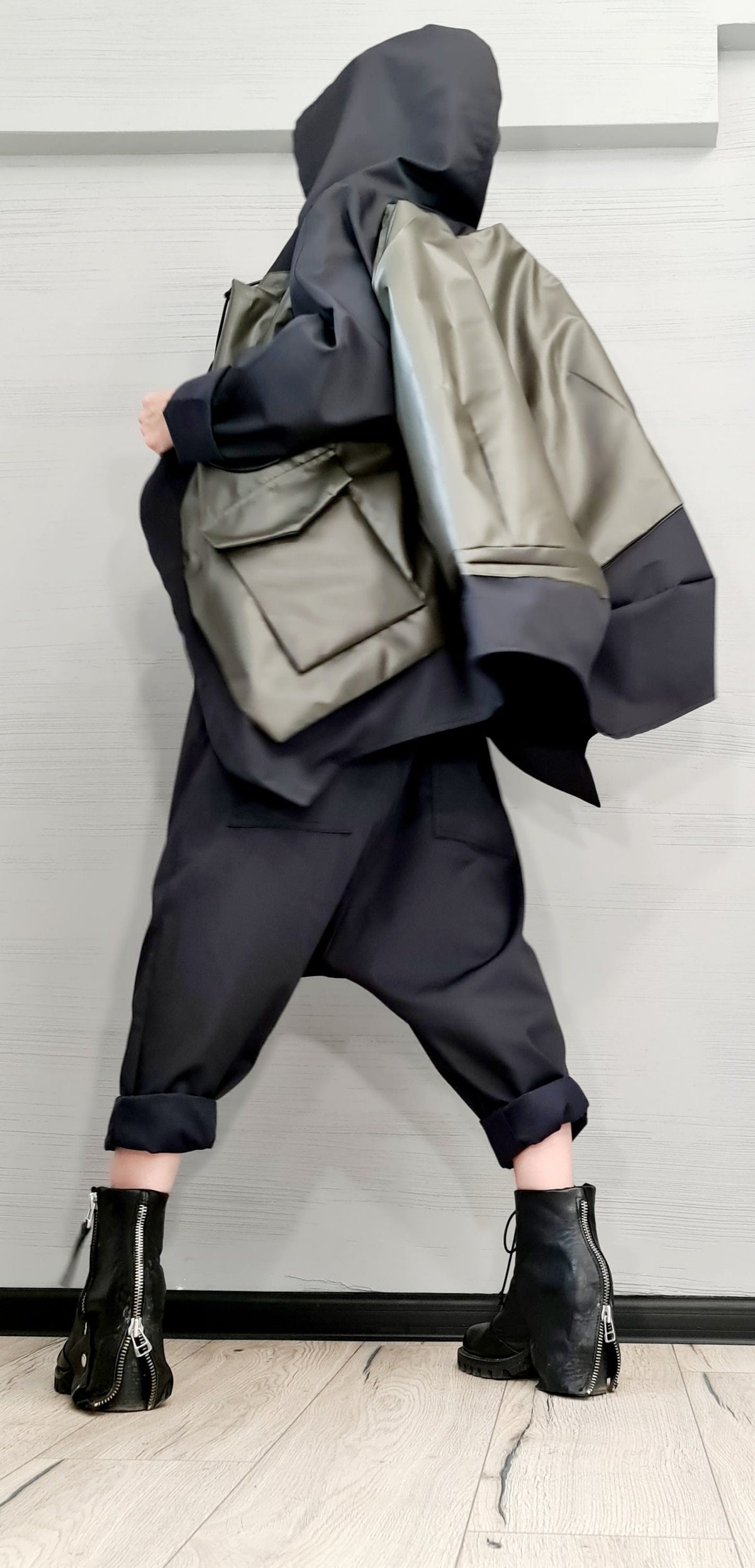 Oversized Asymmetrical Hooded Jacket, Colour Block Design, Large Patch Pockets