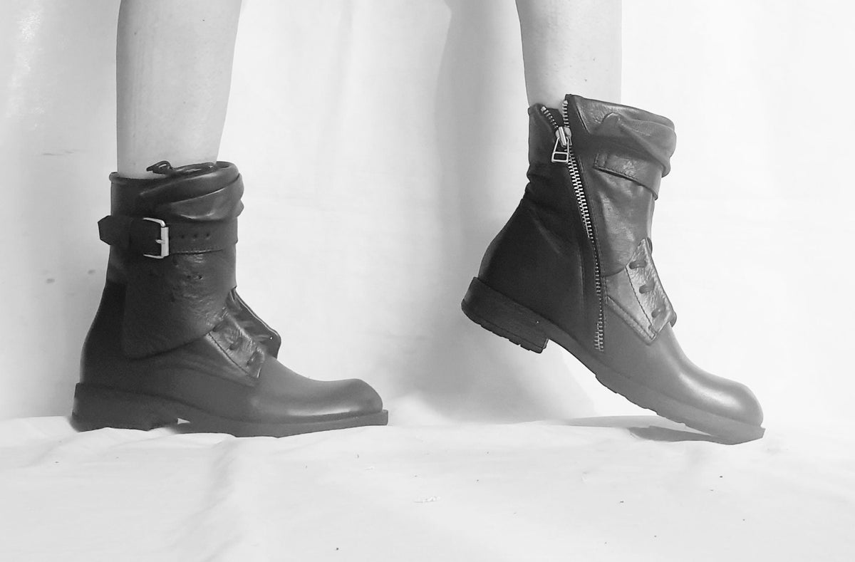 Black Leather Boots, Grunge Gothic Ankle Booties, Steampunk Women Footwear