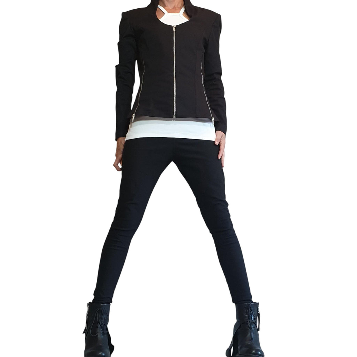 Black Fitted Zip Blazer, Structured Shoulders, Shaped Waist, Back Zip Panels, Plus Size