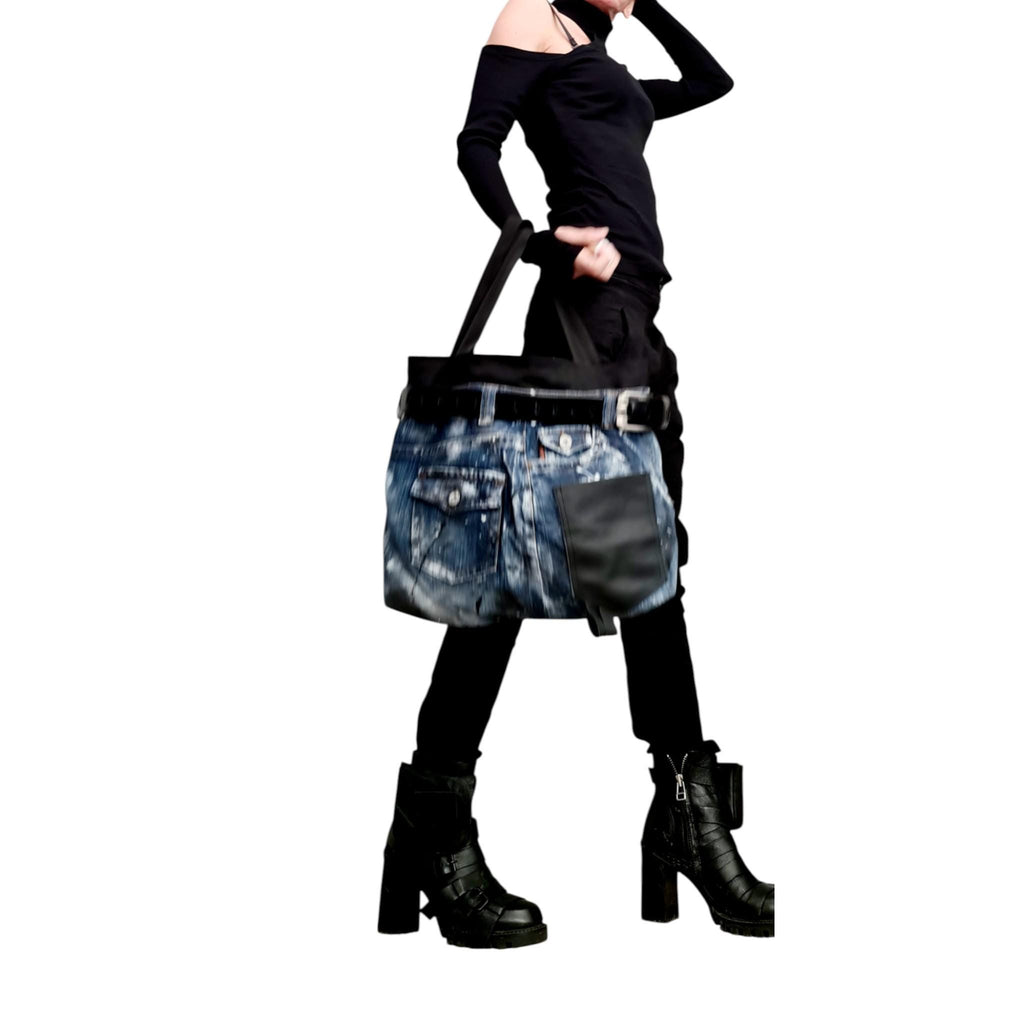 Hand-Painted Denim Tote, Avant Garde Asymmetrical Designer Shoulder Bag