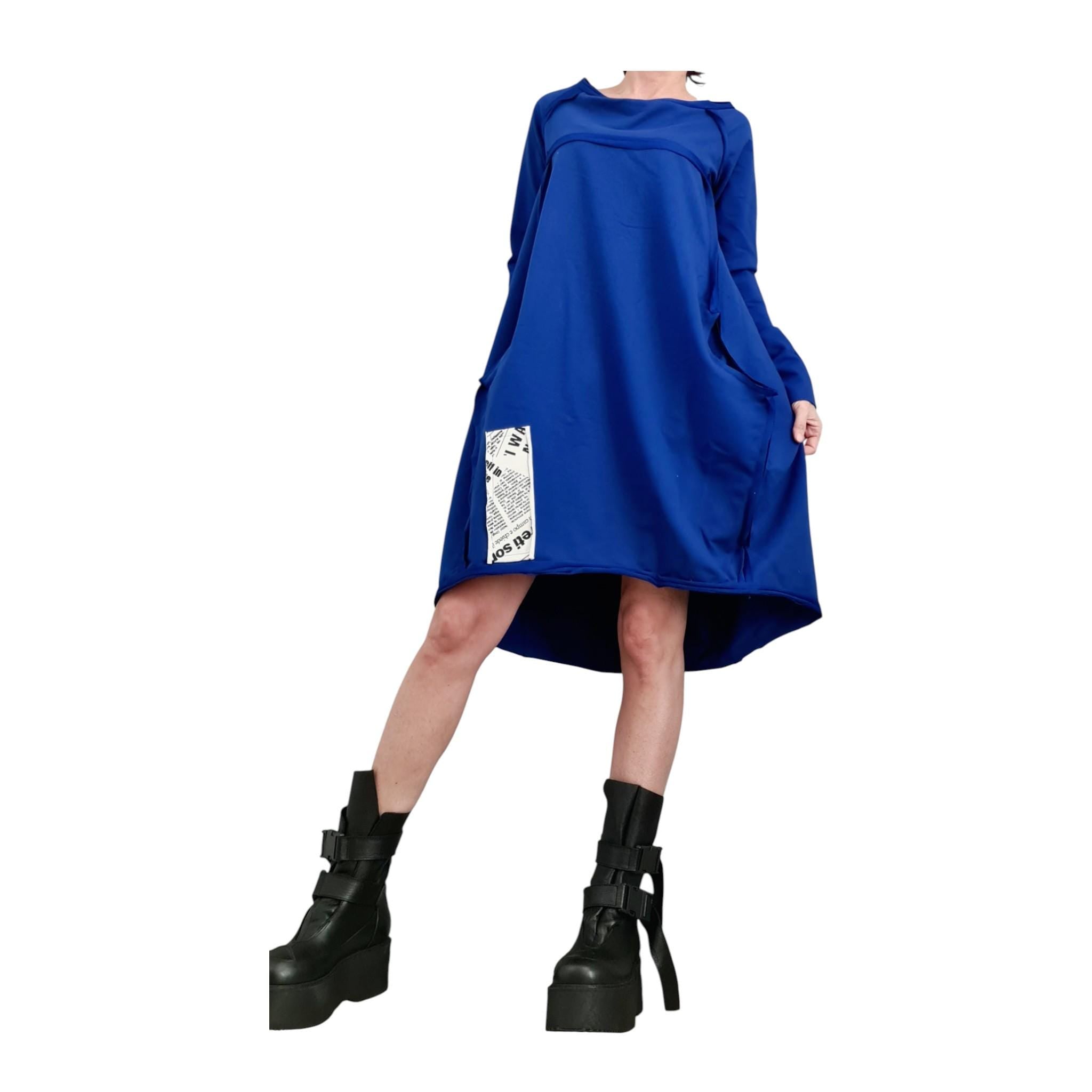 Royal Blue French Terry One Shoulder Dress, Asymmetric High Low Hem, Oversized Tunic Sweatshirt