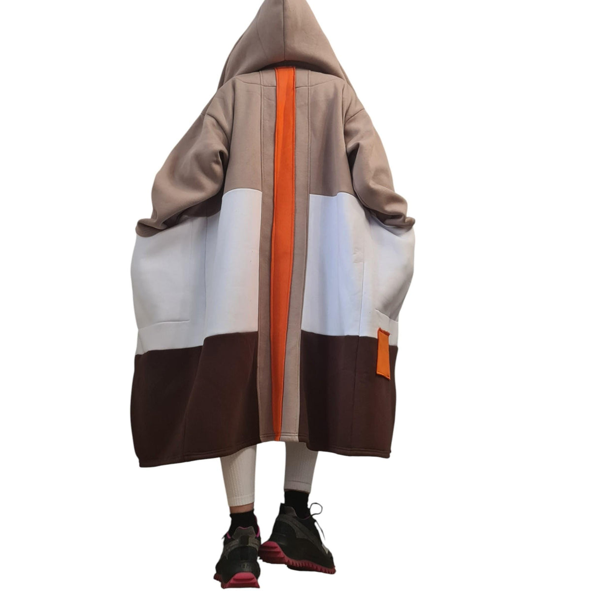 Beige Brown Color Block Hoodie, Oversized Long Sweatshirt Coat, Wide Jacket