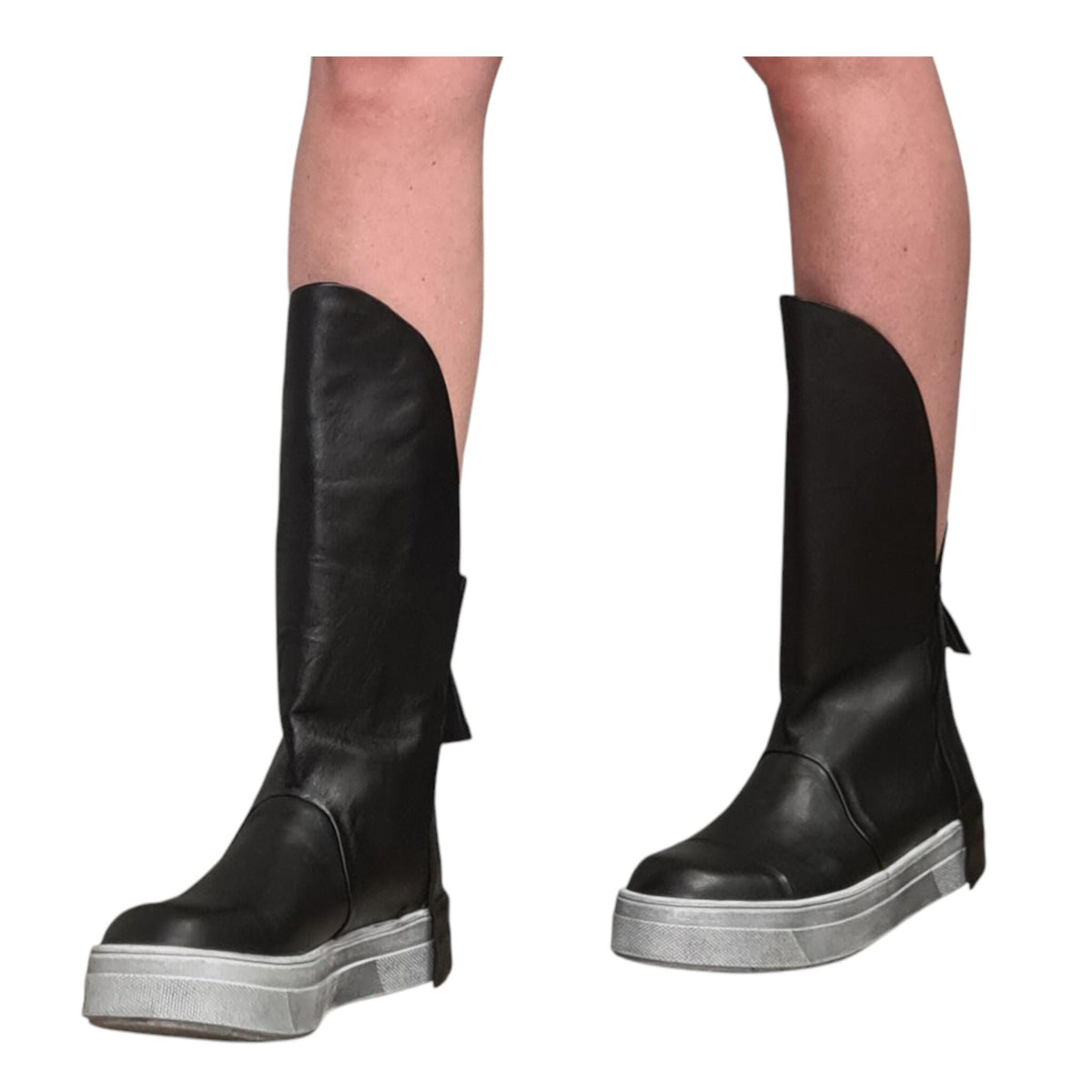 Black Leather Platform Sneakers for Women, Avant Garde High Tongue Boots with Back Zipper