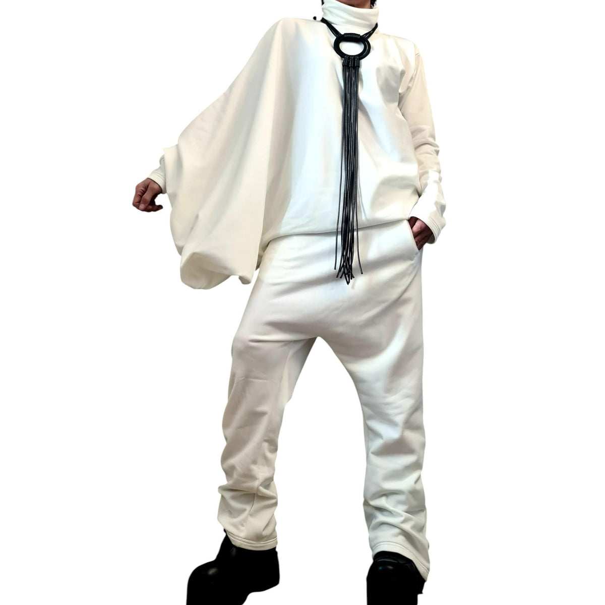 White Cotton Drop Crotch Harem Pants, Oversized Asymmetrical Batwing Turtleneck Top, Two-Piece Co-Ord Set