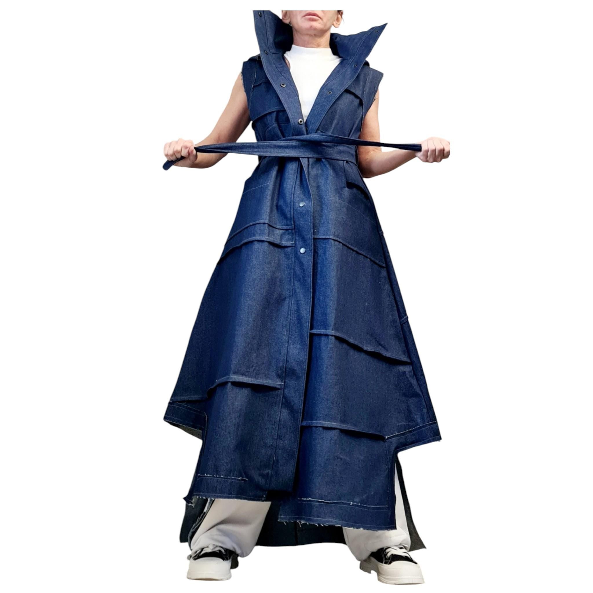 New collection Denim Hooded Vest, Extravagant Long loose Vest, Avant Garde Asymmetric Vest, Sleeveless, DRESSSHOESCODE