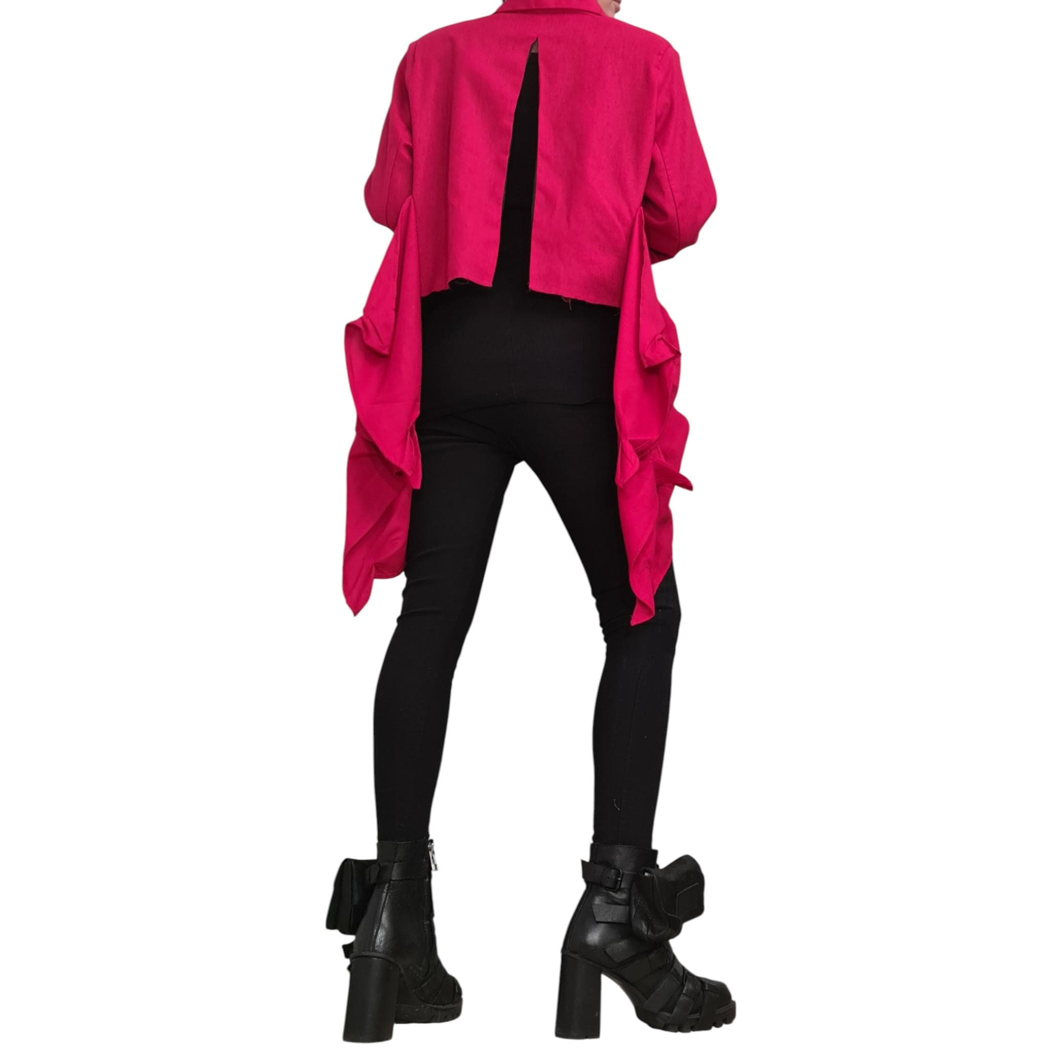 Red Linen Asymmetric Jacket, Open Back Short, Long Front Ruched Design, Avant Garde Blazer