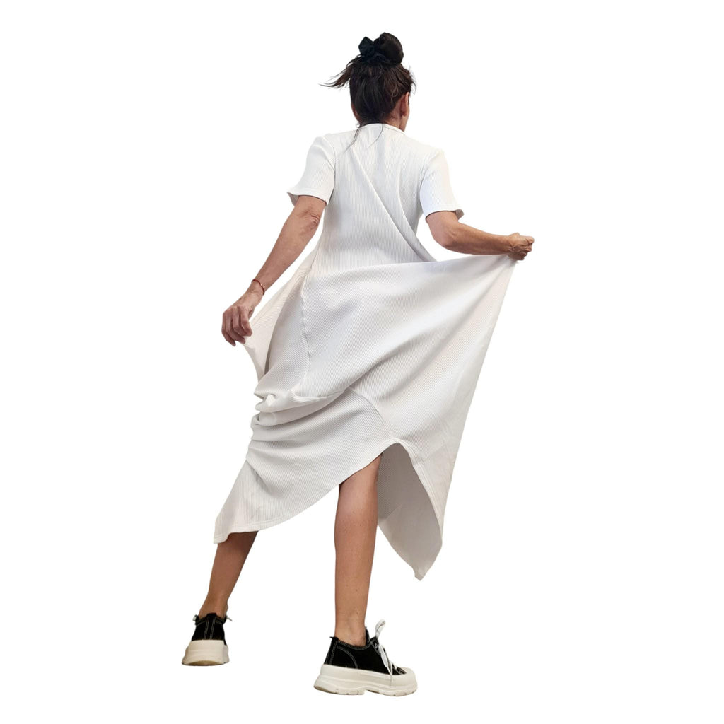 White Asymmetric Cotton Rib Maxi Dress, Avant Garde Loose Dress, Plus Size Clothing