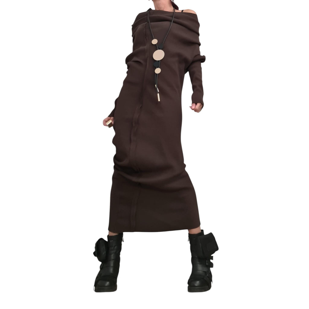 Brown Asymmetrical Maxi Dress, Avant Garde Long Sleeve Off Shoulder Gown