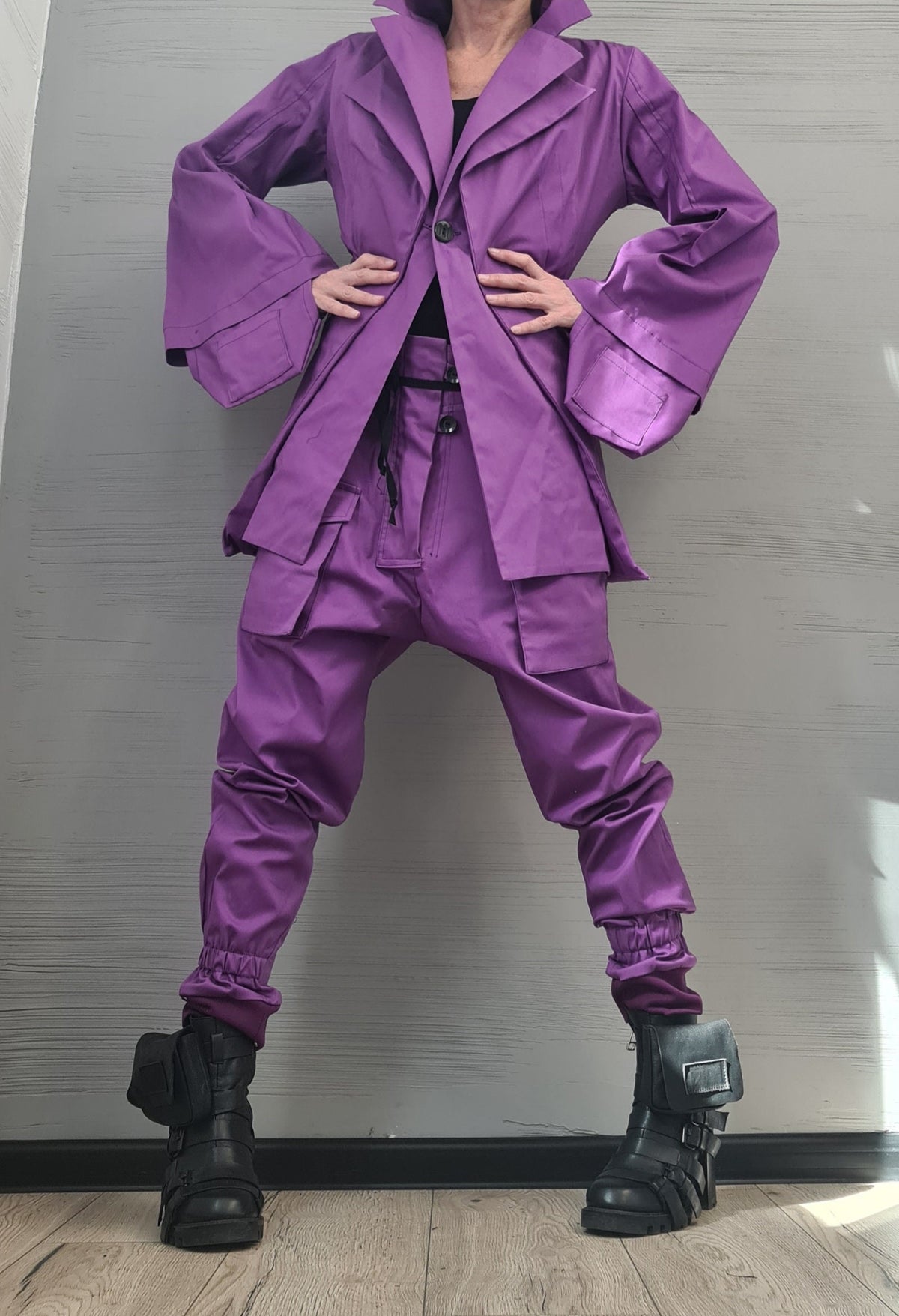 Purple Cotton Cargo Pants, Asymmetrical Deconstructed Tailored Blazer, Bell Sleeves, Two-Piece Co-Ord Set