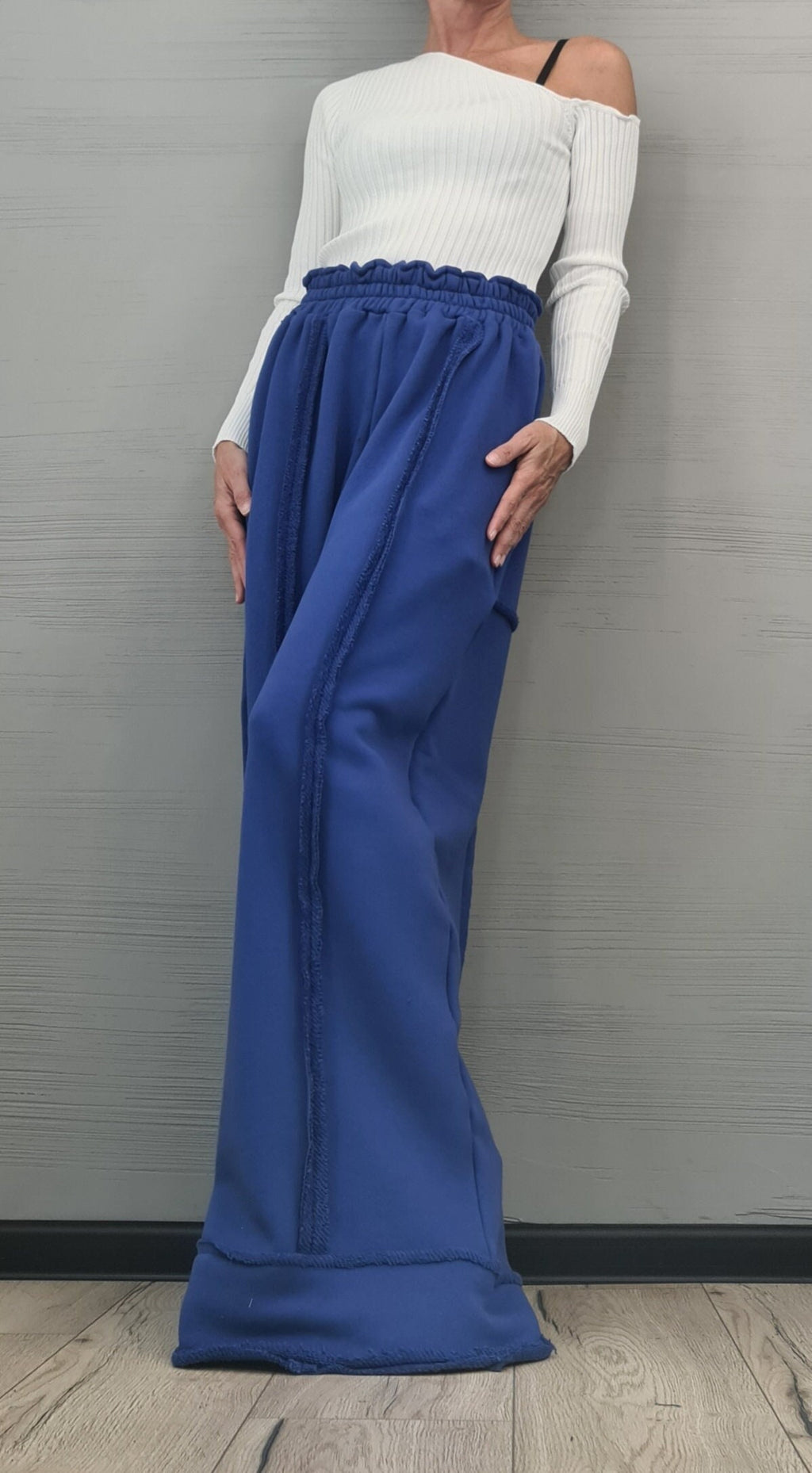 Royal Blue Cotton Pants, French Terry Wide Leg, Drop Crotch Trousers, Plus Size