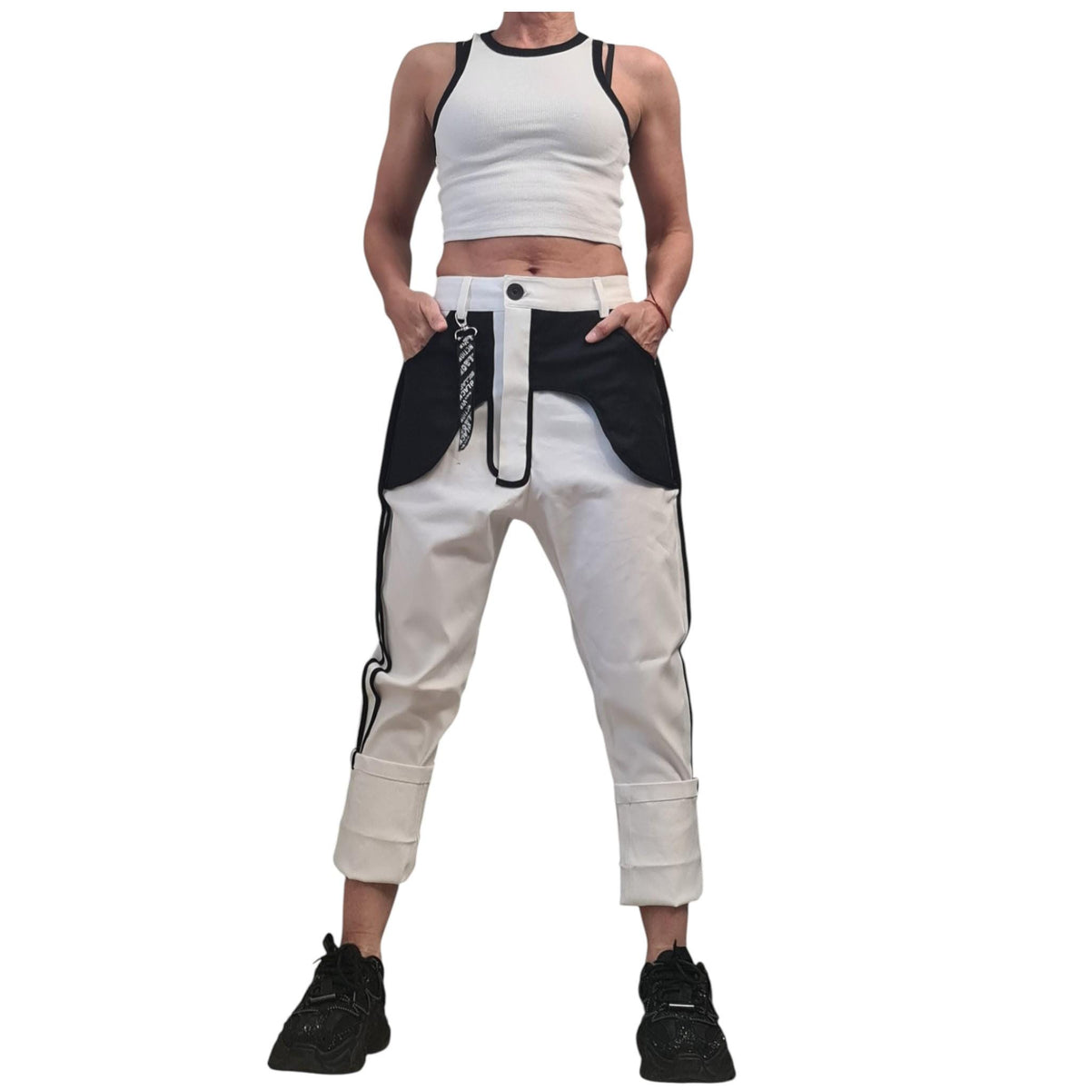 Black&Whit Denim Cargo Pants – Black Contrast Piping, Streetwear Trousers