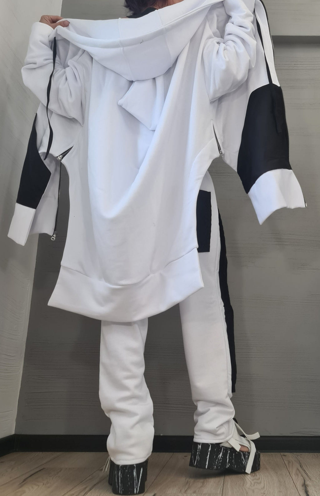 Black White Cotton Drop Crotch Pants, Asymmetrical Zip Hoodie, Contrast Panels, Two-Piece Co-Ord Set