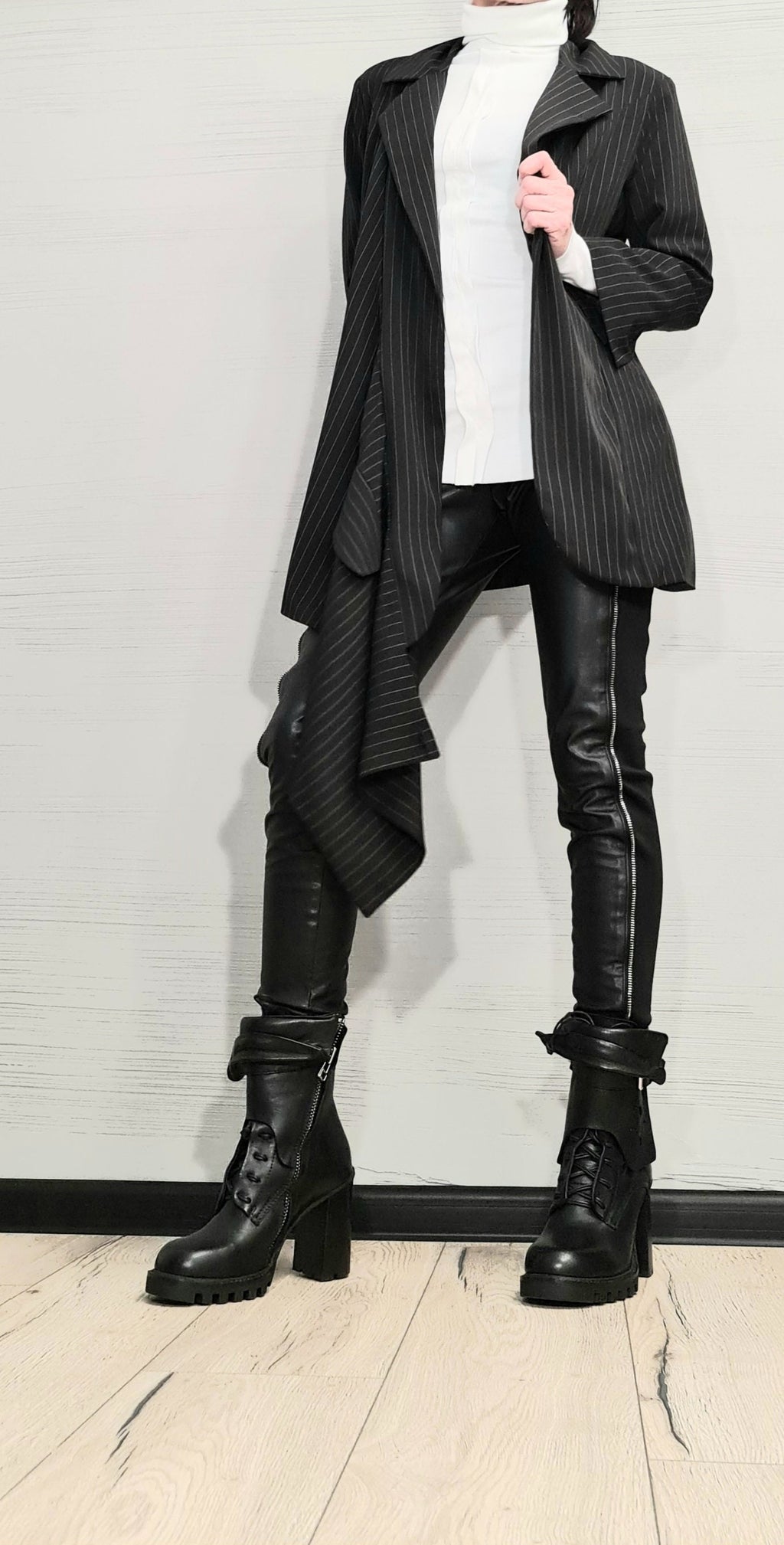 Black Pinstripe Asymmetric Blazer, Oversized Wrap Jacket, Long Front Panel with Back Button Closure