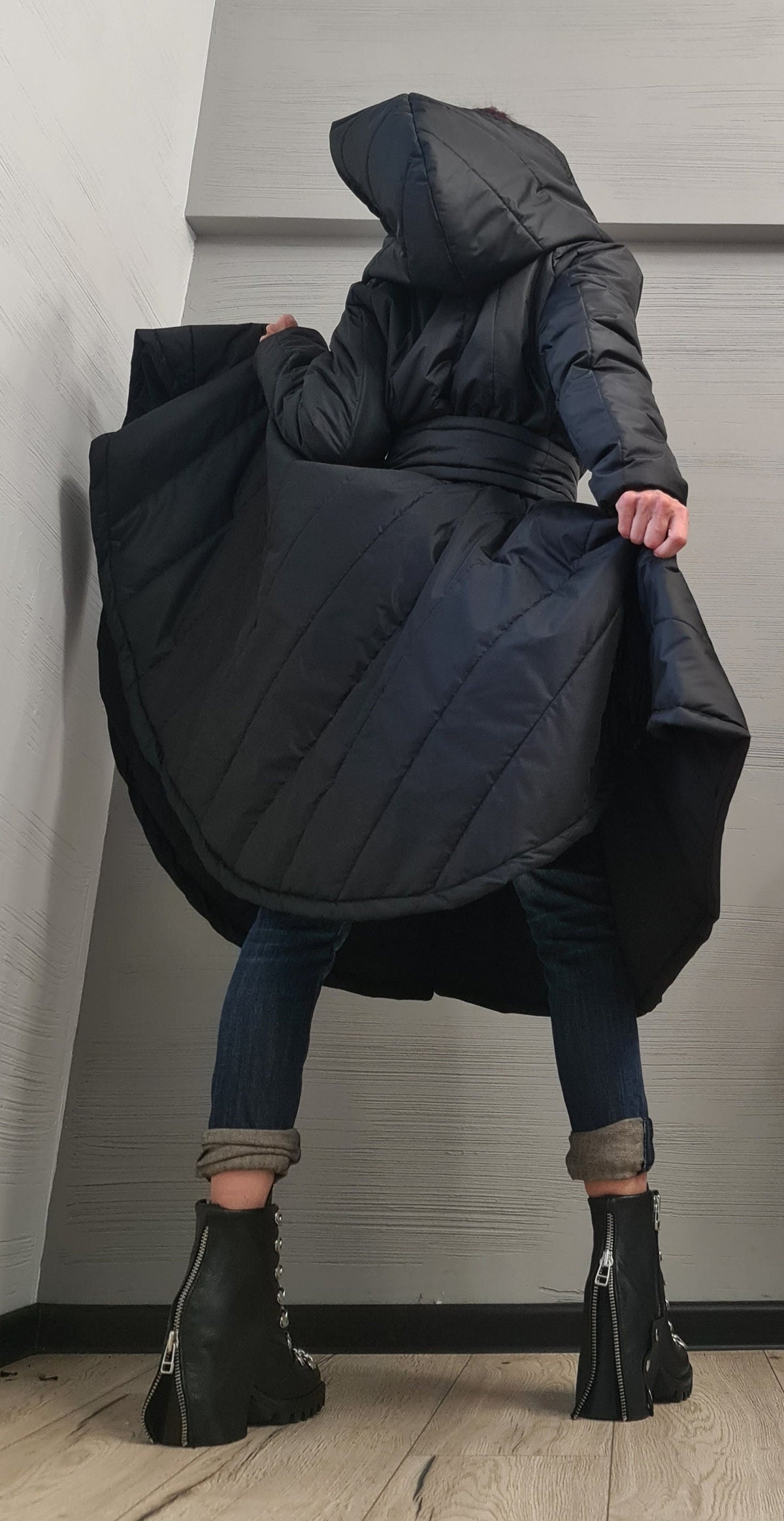 Black Hooded Puffer Coat, Fit and Flare Silhouette, Full Circle Hem, Belted, Plus Size