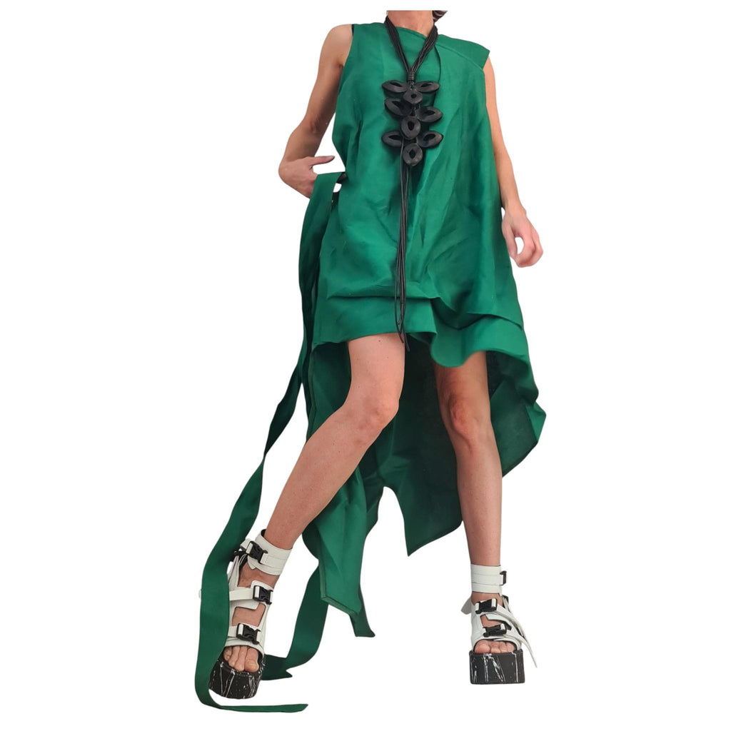 Green Linen Dress, High Low Asymmetric Design, Short Front Long Back, Sleeveless Linen Tunic