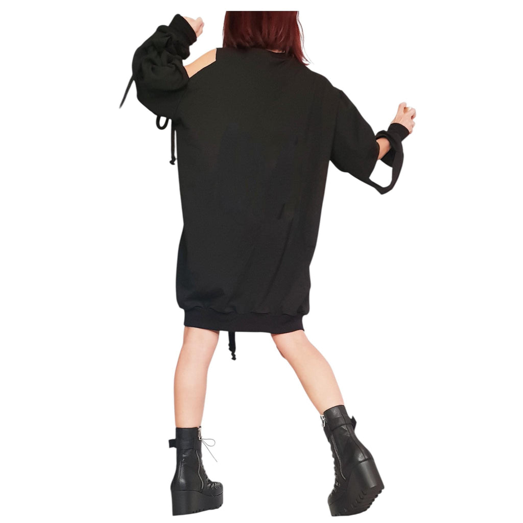 Extravagant Black Dress, One Shoulder Loose Tunic, Plus Size Clothing, Knee Length