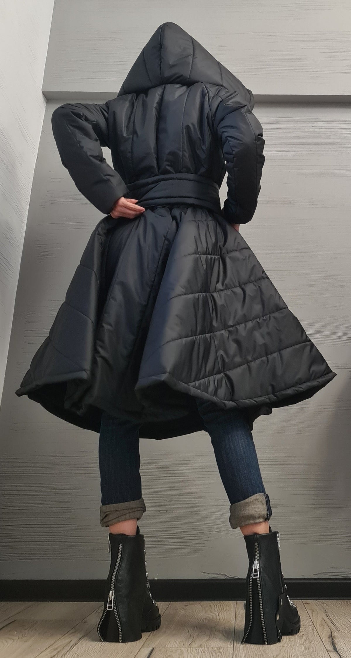 Black Hooded Puffer Coat, Fit and Flare Silhouette, Full Circle Hem, Belted, Plus Size