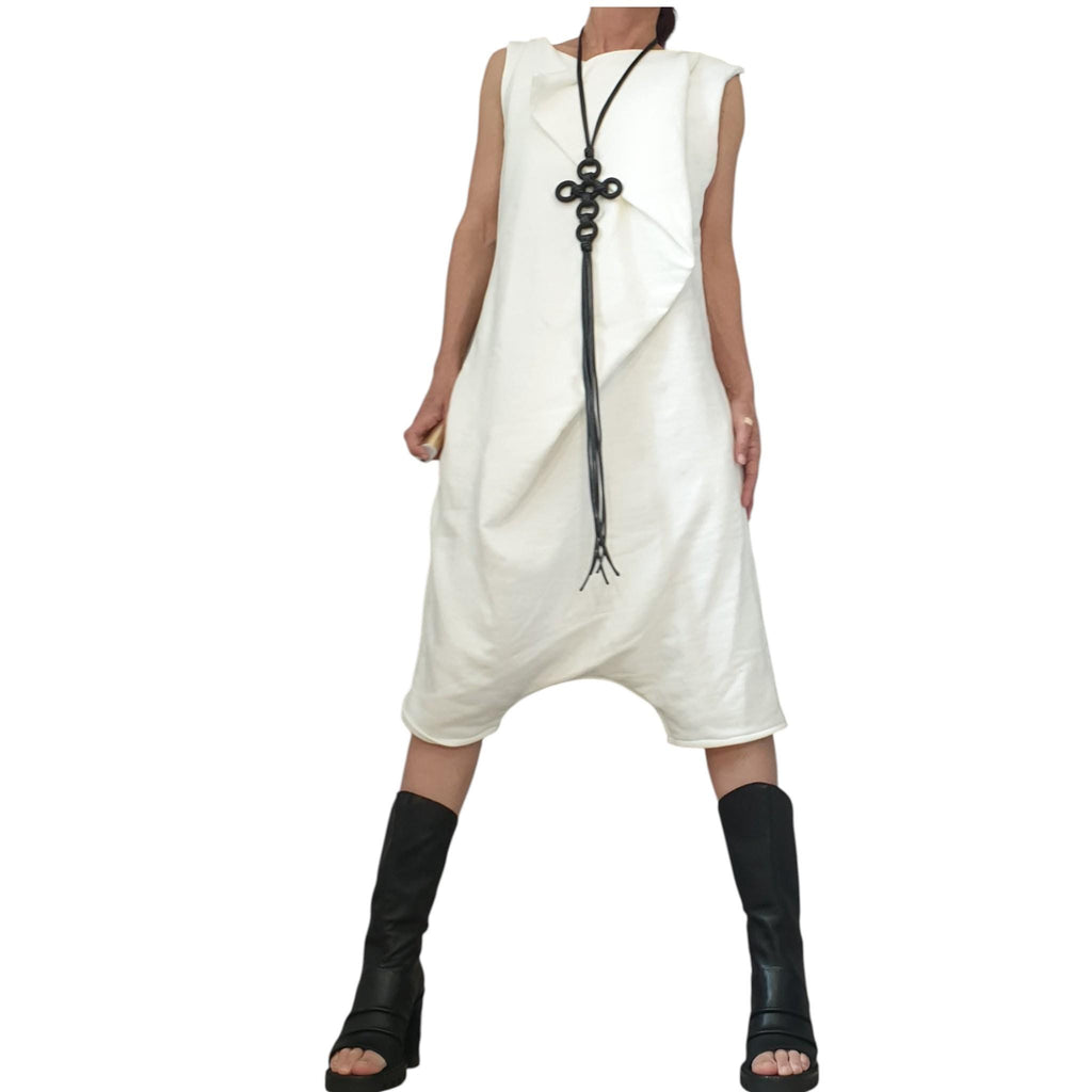 White Harem Jumpsuit, Drop Crotch Overall, Open Back Style, Plus Size Women Clothing