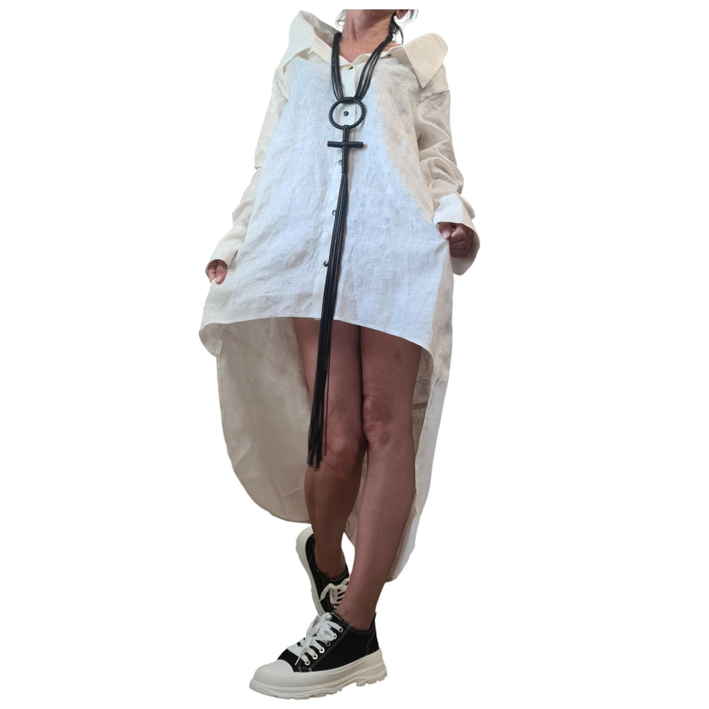 White Linen Shirt Dress for Women, Beach Tunic with Long Sleeves, High Low Shirt